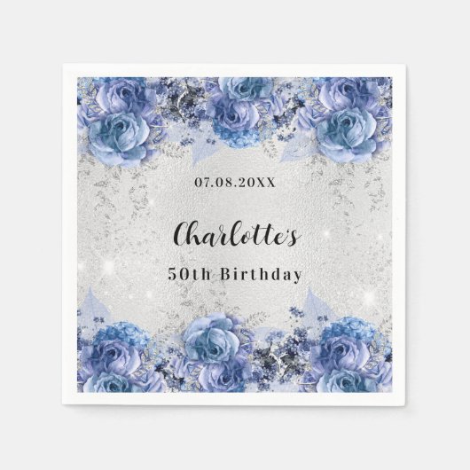 Serviette En Papier Fleurs bleu argenté (Devant)