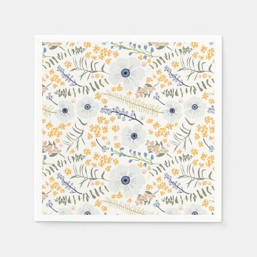 Serviette En Papier Fleurs Bleu Jaune Motif Botanique Événement (Devant)