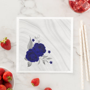 Serviette En Papier fleurs bleu royal feuilles argent marbre