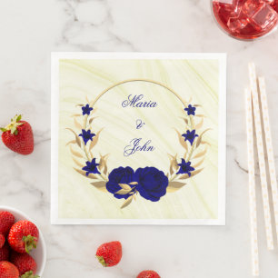 Serviette En Papier fleurs bleu royal feuilles dor couronne marbre