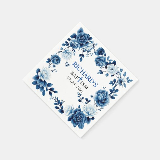 Serviette En Papier Fleurs bleues Chinoiserie fleurie garçon Baptême (Coin)