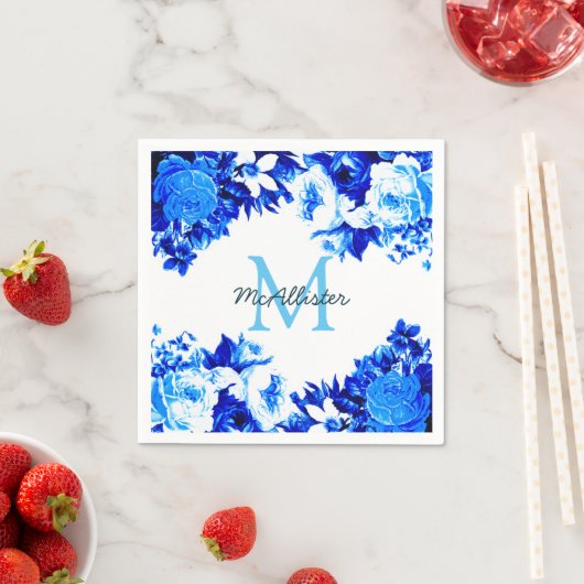 Serviette En Papier Fleurs Bleues Cobalt Élégantes | Personnalisé (En situation)