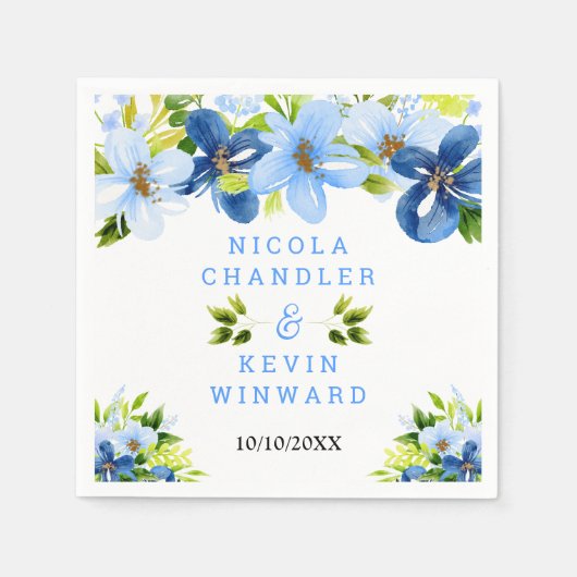 Serviette En Papier Fleurs bleues et navy avec feuillage (Devant)