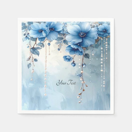 Serviette En Papier Fleurs Bleues et Perles (Devant)