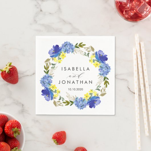 Serviette En Papier Fleurs Bleues Jaunes Lumineuses mariage Rustique P (En situation)