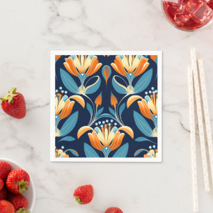 Serviette En Papier Fleurs bleues orange Art Déco