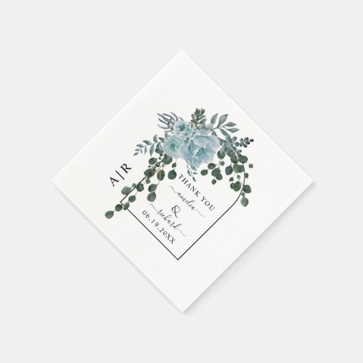 Serviette En Papier Fleurs bleues poussiéreuses, arc et mariage monogr (Coin)