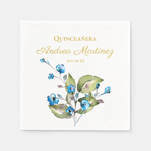 Serviette En Papier Fleurs bleues Quinceañera personnalisée (Devant)