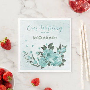 Serviette En Papier fleurs bleues romantiques et feuilles vertes 