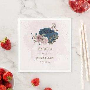 Serviette En Papier fleurs bleues roses mariage botanique naval