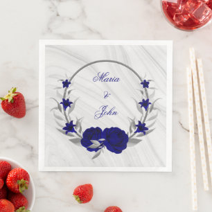 Serviette En Papier fleurs bleues royales argent feuilles couronne mar