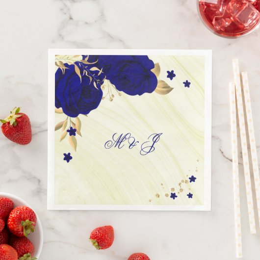 Serviette En Papier fleurs bleues royales or marbre feuille (En situation)
