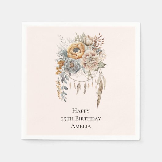 Serviette En Papier Fleurs Boho et Attrape-Rêves - Anniversaire (Devant)