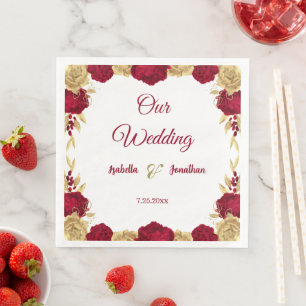 Serviette En Papier fleurs bordeaux & or feuille blanc