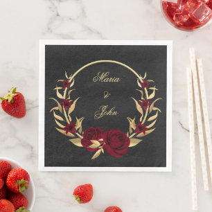 Serviette En Papier fleurs bordeaux or feuille couronne noir