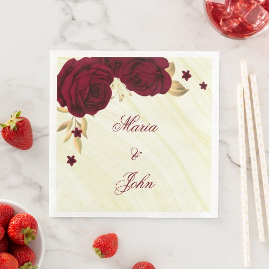 Serviette En Papier fleurs bordeaux or marbre feuille (En situation)