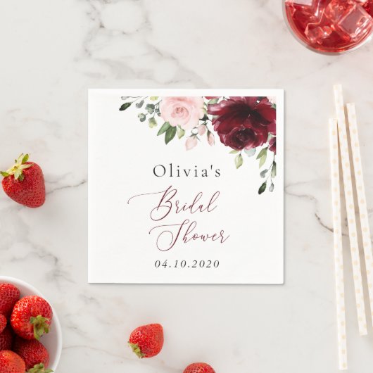 Serviette En Papier Fleurs Bourgogne, Fleurs Roses, Fête des mariées (En situation)