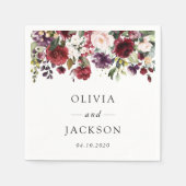 Serviette En Papier Fleurs Bourgogne, Fleurs roses, Verdure, Mariage (Devant)