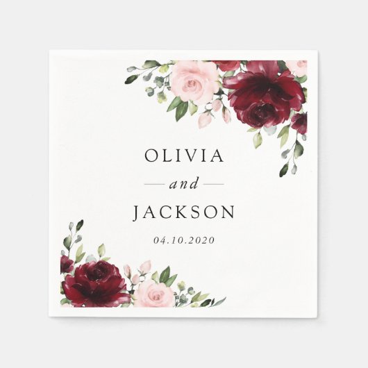 Serviette En Papier Fleurs Bourgogne, Fleurs roses, Verdure, Mariage (Devant)