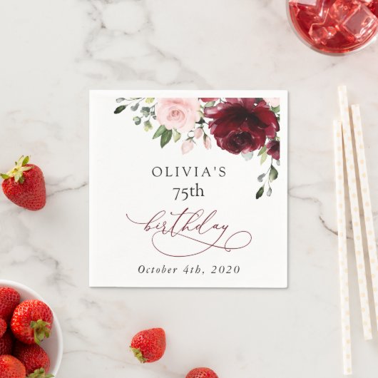 Serviette En Papier Fleurs Bourgognes, Fleurs Roses, Boho, Anniversair (En situation)