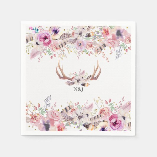 Serviette En Papier Fleurs & Cerfs Antlers Mariage Rustique Événement (Devant)