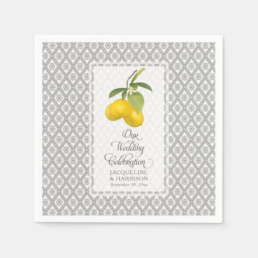 Serviette En Papier Fleurs Citrus citron gris jaune Mariage blanc (Devant)
