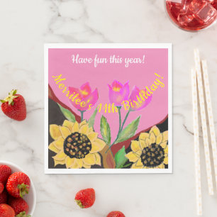 Serviette En Papier Fleurs colorées Tulipes roses et Tournesols jaunes