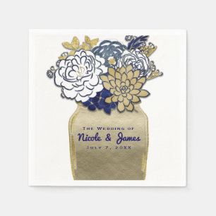 Serviette En Papier Fleurs dans un pot Mason Rustique Bleu Or Floral M
