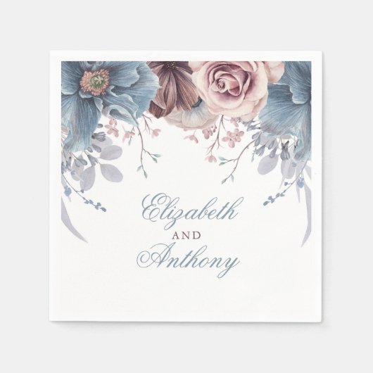 Serviette En Papier Fleurs d'aquarelle bleu et mauve Dusty (Devant)