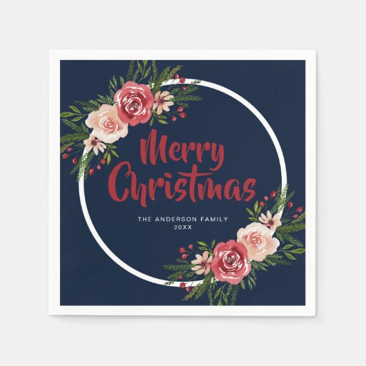 Serviette En Papier Fleurs d'aquarelle bleu marine moderne Noël (Devant)