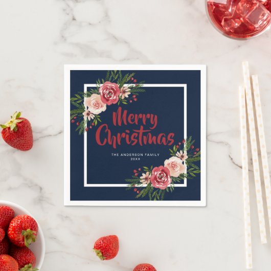 Serviette En Papier Fleurs d'aquarelle bleu marine Noël (En situation)