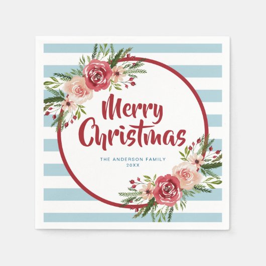 Serviette En Papier Fleurs d'aquarelle bleu moderne Noël (Devant)