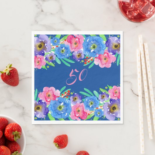 Serviette En Papier Fleurs d'aquarelle bleue Anniversaire (En situation)