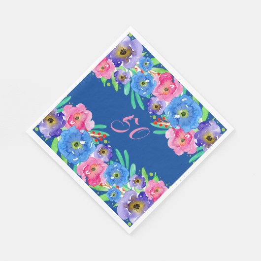 Serviette En Papier Fleurs d'aquarelle bleue Anniversaire (Coin)