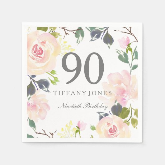 Serviette En Papier Fleurs d'aquarelle botanique 90e anniversaire (Devant)