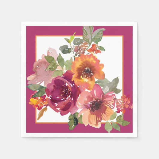 Serviette En Papier Fleurs d'aquarelle Bourgogne et orange (Devant)