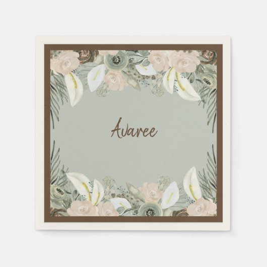 Serviette En Papier Fleurs d'aquarelle de vanille verte et crémeuse (Devant)