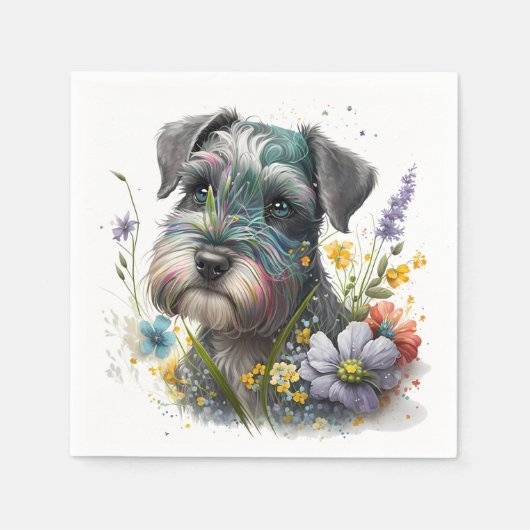 Serviette En Papier Fleurs d'aquarelle et chiot Schnauzer (Devant)