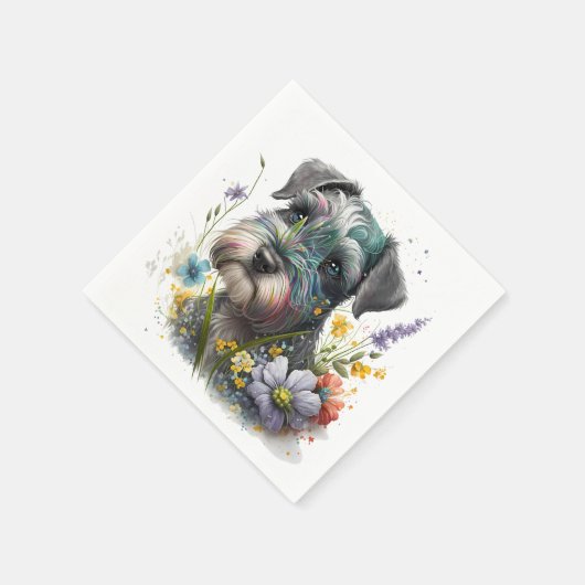 Serviette En Papier Fleurs d'aquarelle et chiot Schnauzer (Coin)