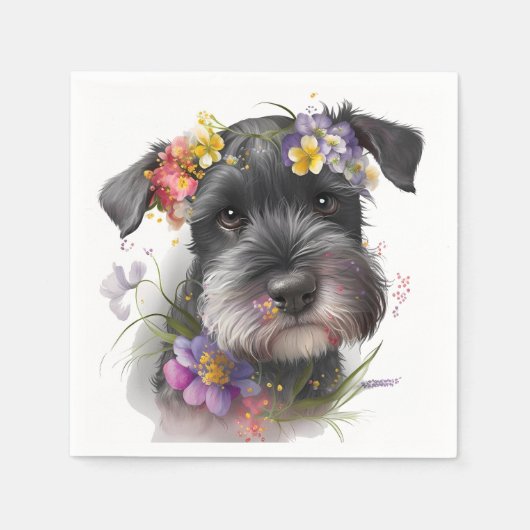 Serviette En Papier Fleurs d'aquarelle et chiot Schnauzer (Devant)