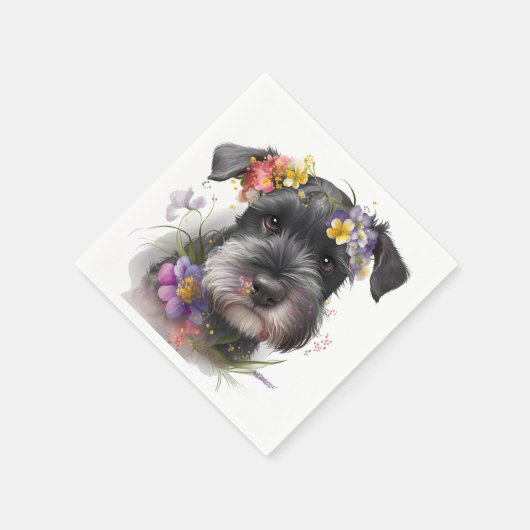 Serviette En Papier Fleurs d'aquarelle et chiot Schnauzer (Coin)