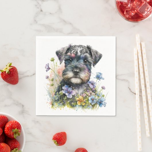 Serviette En Papier Fleurs d'aquarelle et chiot Schnauzer (En situation)