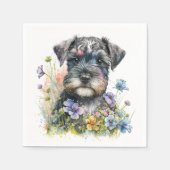Serviette En Papier Fleurs d'aquarelle et chiot Schnauzer (Devant)