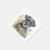 Serviette En Papier Fleurs d'aquarelle et chiot Schnauzer (Coin)