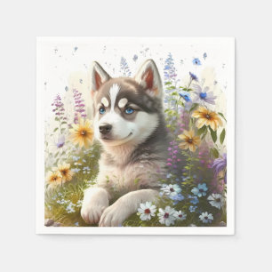Serviette En Papier Fleurs d'aquarelle et chiot sibérien Husky