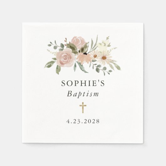 Serviette En Papier Fleurs d'aquarelle neutres simples | Baptême (Devant)
