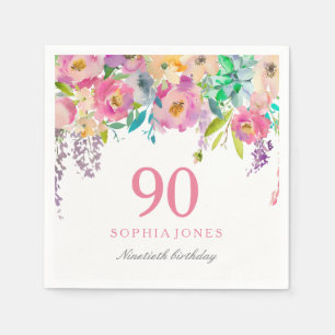 Serviette En Papier Fleurs d'aquarelle Pastel 90e fête d'anniversaire
