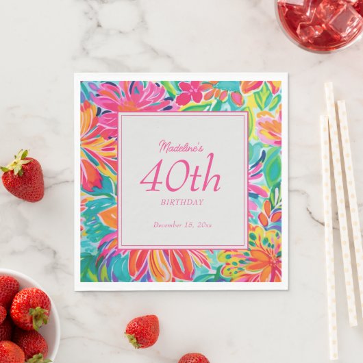 Serviette En Papier Fleurs d'aquarelle rose chaud 40e anniversaire (En situation)