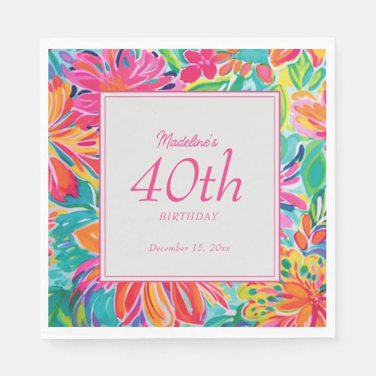 Serviette En Papier Fleurs d'aquarelle rose chaud 40e anniversaire (Devant)