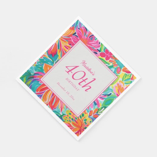 Serviette En Papier Fleurs d'aquarelle rose chaud 40e anniversaire (Coin)
